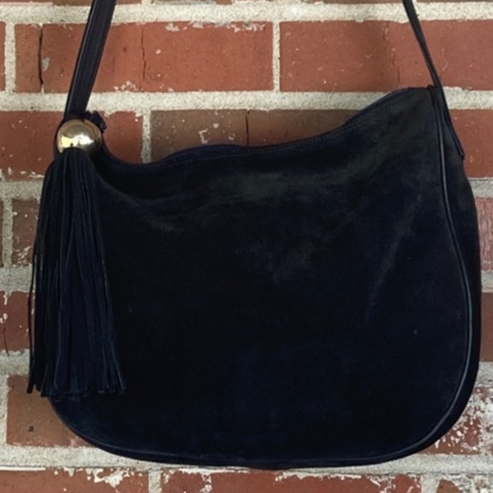 Vintage 90s Saks Fifth Avenue Black Suede with Fringe Accent Bag